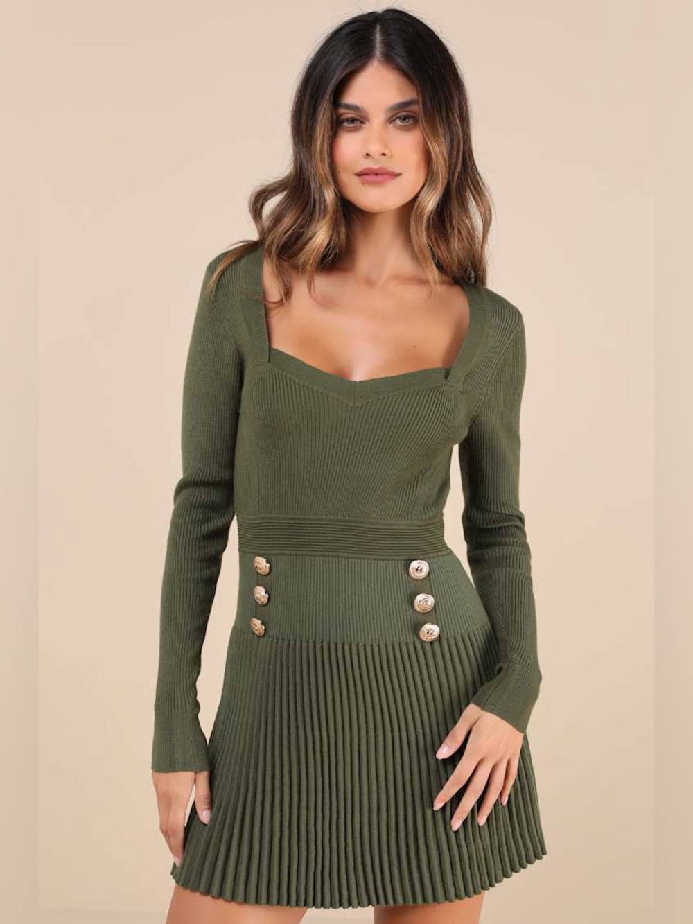 ๐(NWT) LULUs Chicest Crush Olive Ribbed Long Sleeve Mini Sweater Dress. SMALL